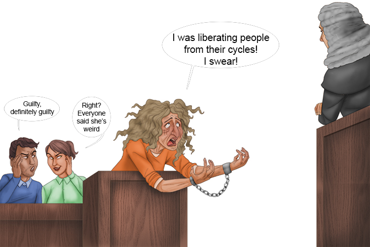 She was mocked and shunned (moksha) by the community for stealing people's bikes - in court she said she was just liberating people from their cycle.